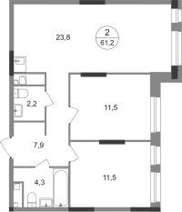 ЖК «Первый Московский», планировка 2-комнатной квартиры, 61.20 м²