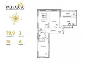 ЖК «Рассказово», планировка 3-комнатной квартиры, 79.90 м²