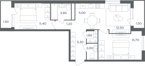 МФК «Равновесие», планировка 3-комнатной квартиры, 60.20 м²