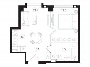 ЖК «Мангазея на Тульской», планировка 1-комнатной квартиры, 42.30 м²