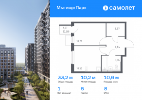 ЖК «Мытищи Парк», планировка 1-комнатной квартиры, 33.20 м²