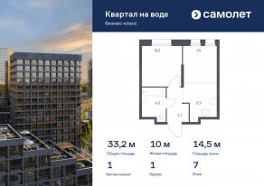 ЖК «Квартал на воде», планировка 1-комнатной квартиры, 33.20 м²