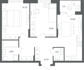 МФК «Равновесие», планировка 2-комнатной квартиры, 46.90 м²