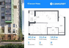 ЖК «Южная Нева», планировка 1-комнатной квартиры, 40.22 м²