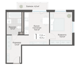 ЖК «Руднева, 15», планировка 1-комнатной квартиры, 42.40 м²