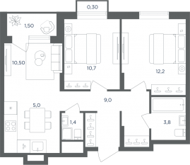 МФК «Равновесие», планировка 2-комнатной квартиры, 54.30 м²