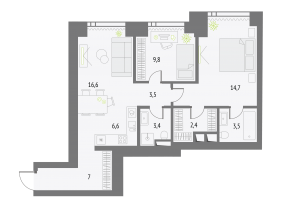 ЖК «Upside Towers», планировка 2-комнатной квартиры, 67.50 м²