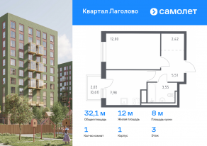 ЖК «Квартал Лаголово», планировка 1-комнатной квартиры, 32.07 м²