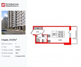 ЖК «Титул в Московском», планировка студии, 24.03 м²