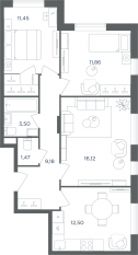 МФК «Равновесие», планировка 3-комнатной квартиры, 66.00 м²