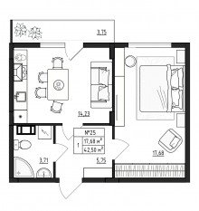 МЖК «Верево-Сити», планировка 1-комнатной квартиры, 42.50 м²