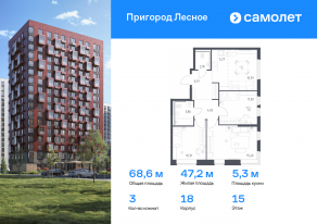 ЖК «Пригород Лесное», планировка 3-комнатной квартиры, 68.56 м²