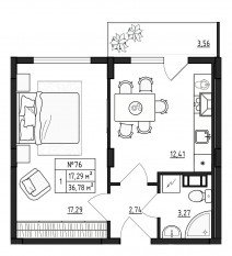 МЖК «Верево-Сити», планировка 1-комнатной квартиры, 36.78 м²