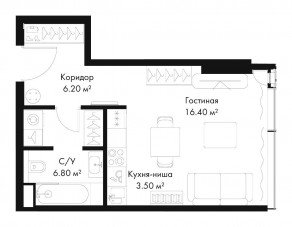 МФК «SLAVA», планировка студии, 32.90 м²