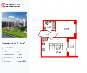 ЖК «Парадный ансамбль», планировка 1-комнатной квартиры, 31.98 м²