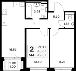 ЖК «GloraX Новоселье», планировка 2-комнатной квартиры, 49.57 м²