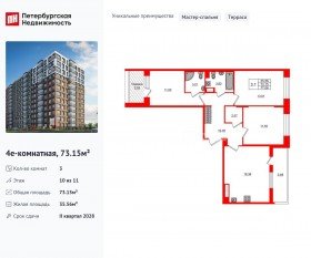 ЖК «Астра Континенталь», планировка 3-комнатной квартиры, 73.15 м²
