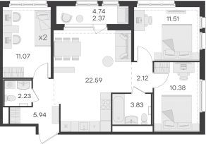 ЖК «GloraX Парголово», планировка 3-комнатной квартиры, 72.04 м²