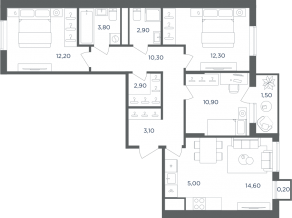 МФК «Равновесие», планировка 4-комнатной квартиры, 78.40 м²