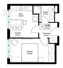 ЖК «Эко Видное 2.0», планировка 1-комнатной квартиры, 31.70 м²