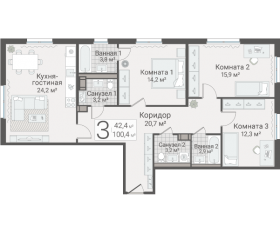 ЖК «Руднева, 15», планировка 3-комнатной квартиры, 100.40 м²
