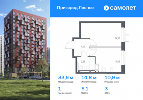 ЖК «Пригород Лесное», планировка 1-комнатной квартиры, 33.60 м²