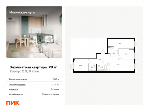 ЖК «Ильинские луга», планировка 3-комнатной квартиры, 79.00 м²