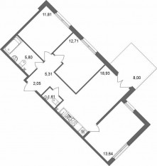 МЖК «Счастье 2.0», планировка 3-комнатной квартиры, 74.26 м²