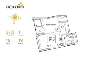 ЖК «Рассказово», планировка 1-комнатной квартиры, 37.90 м²