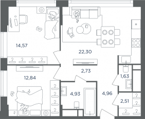 ЖК «Headliner», планировка 2-комнатной квартиры, 66.60 м²