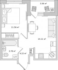 ЖК ЦДС «Dreamline», планировка 1-комнатной квартиры, 33.60 м²