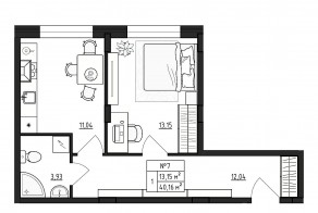 МЖК «Верево-Сити», планировка 1-комнатной квартиры, 40.16 м²