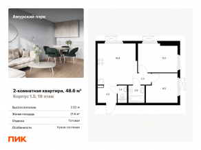 ЖК «Амурский парк», планировка 2-комнатной квартиры, 48.60 м²