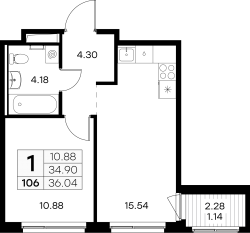 ЖК «GloraX Новоселье», планировка 1-комнатной квартиры, 36.04 м²