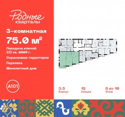 ЖК «Родные кварталы», планировка 3-комнатной квартиры, 75.00 м²