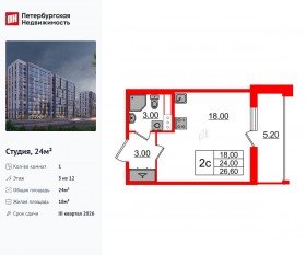 ЖК «Бионика Заповедная», планировка студии, 24.00 м²