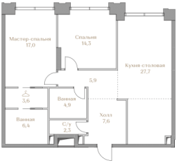 ЖК «Luzhniki Collection», планировка 2-комнатной квартиры, 89.70 м²