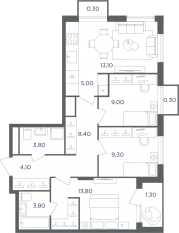 МФК «Равновесие», планировка 4-комнатной квартиры, 69.30 м²