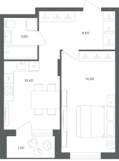МФК «Равновесие», планировка 1-комнатной квартиры, 39.10 м²