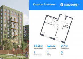 ЖК «Квартал Лаголово», планировка 1-комнатной квартиры, 36.16 м²
