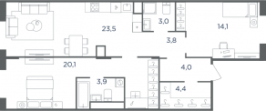МФК «Равновесие», планировка 3-комнатной квартиры, 76.80 м²