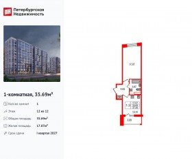 ЖК «Бионика Заповедная», планировка 1-комнатной квартиры, 35.69 м²