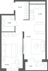 МФК «Равновесие», планировка 2-комнатной квартиры, 42.50 м²