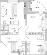 ЖК ЦДС «Dreamline», планировка 2-комнатной квартиры, 52.20 м²