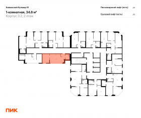 ЖК «Кавказский бульвар 51», планировка 1-комнатной квартиры, 34.80 м²