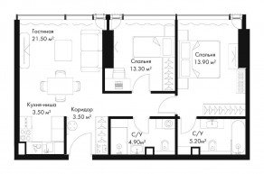 МФК «SLAVA», планировка 2-комнатной квартиры, 62.80 м²