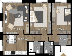 МФК «Зорге 9», планировка 3-комнатной квартиры, 81.60 м²