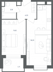 МФК «Равновесие», планировка 1-комнатной квартиры, 39.00 м²