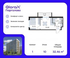 ЖК «GloraX Парголово», планировка 1-комнатной квартиры, 32.46 м²