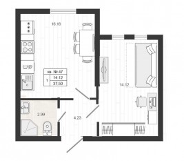 МЖК «Верево-Сити», планировка 1-комнатной квартиры, 37.50 м²